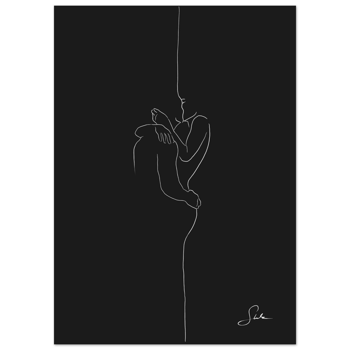 Handgemaltes Paar Line Art Poster mit Umarmung auf schwarzem Hintergrund, weiße Linienzeichnung, unten links signiert von Künstlerin Selin.