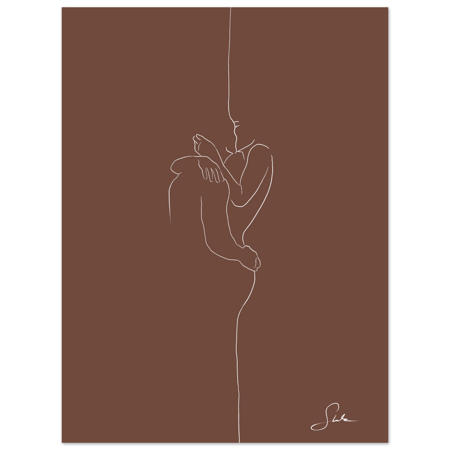 Romantisches Paar Poster im Line Art Stil mit Umarmung, weiße Linien auf braunem Hintergrund, modernes handgemaltes Wandbild.