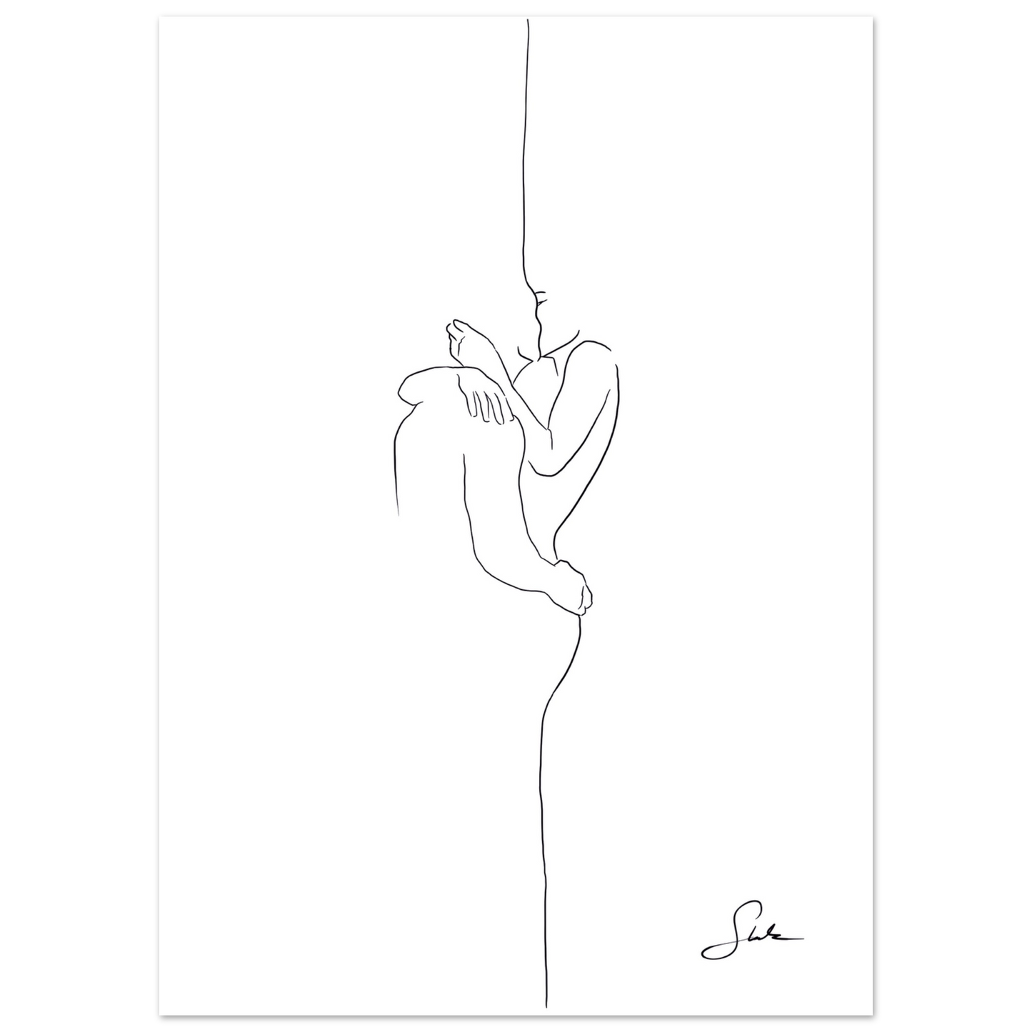 Paar Line Art Poster mit Umarmung auf weißem Hintergrund, schwarze Linienzeichnung, handgemalt von Künstlerin Selin.