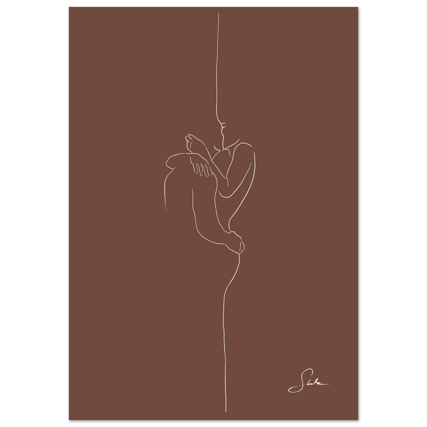 Romantisches Paar Poster im Line Art Stil mit Umarmung, weiße Linien auf braunem Hintergrund, modernes handgemaltes Wandbild.