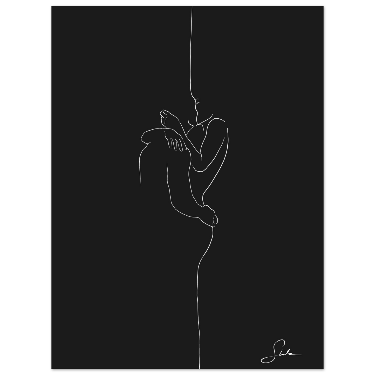Handgemaltes Paar Line Art Poster mit Umarmung auf schwarzem Hintergrund, weiße Linienzeichnung, unten links signiert von Künstlerin Selin.