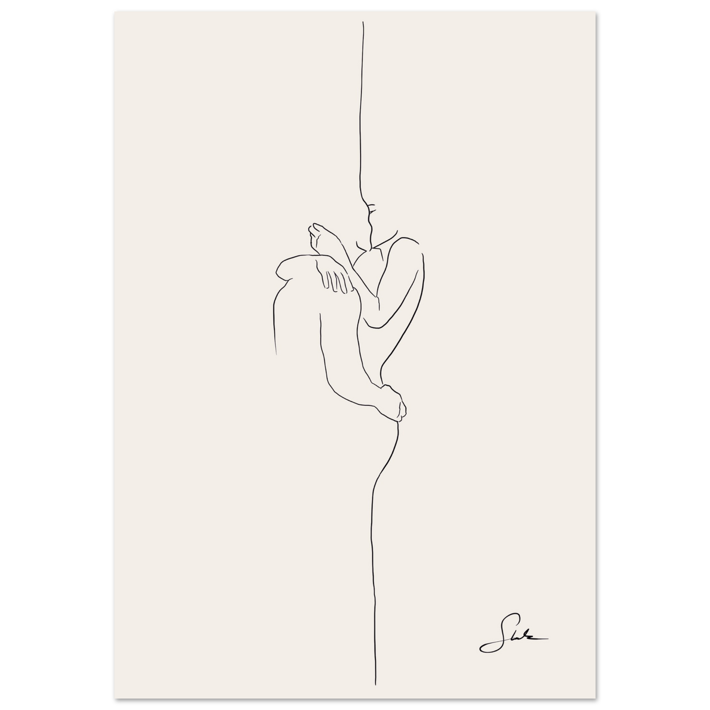 Minimalistisches Paar Poster im Line Art Stil mit Umarmung, schwarzer Linienzeichnung auf beigem Hintergrund, modernes handgemaltes Wandbild.