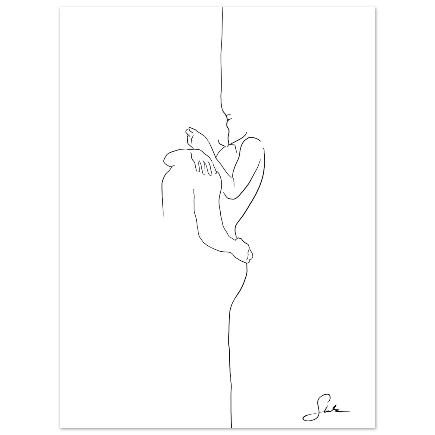 Paar Line Art Poster mit Umarmung auf weißem Hintergrund, schwarze Linienzeichnung, handgemalt von Künstlerin Selin.