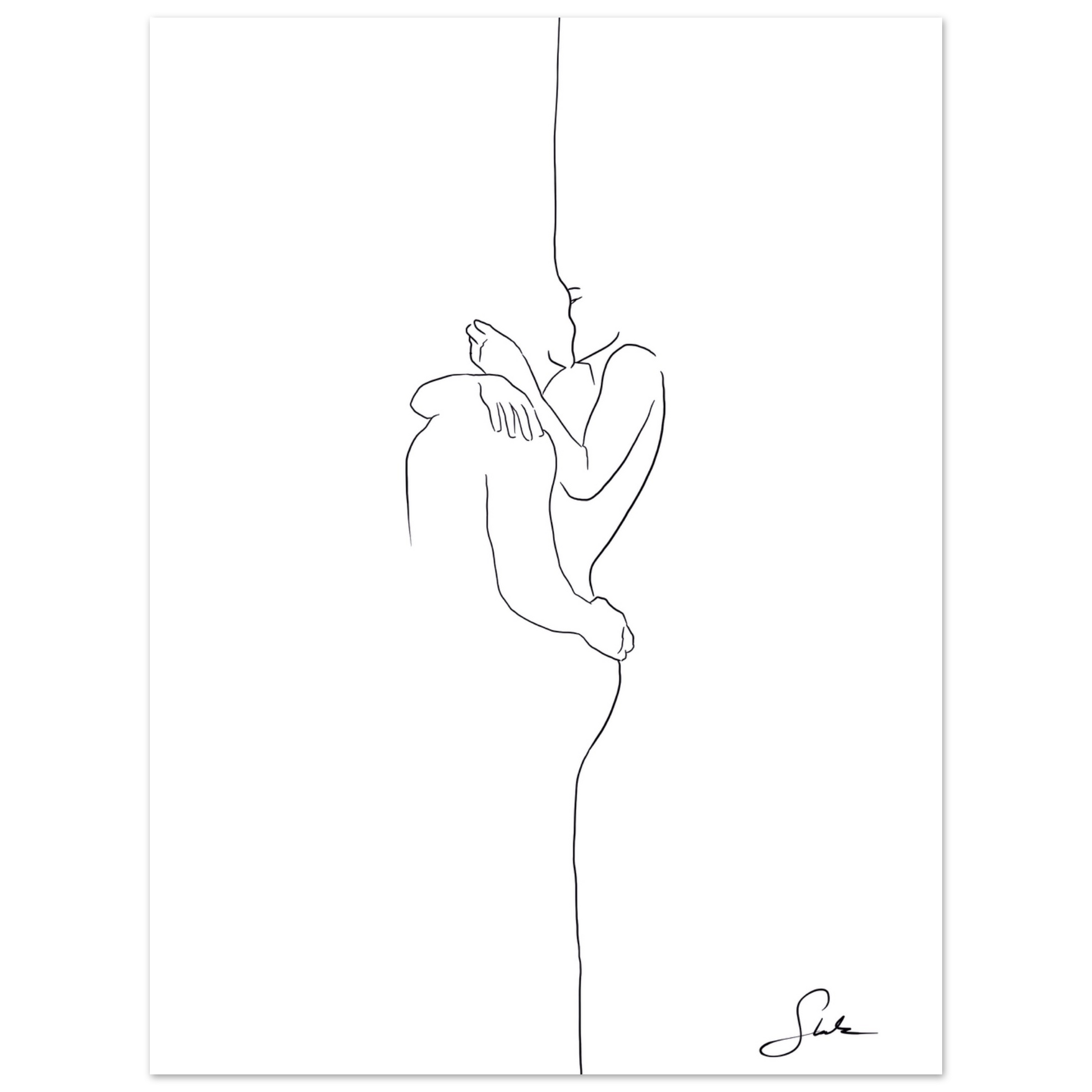 Paar Line Art Poster mit Umarmung auf weißem Hintergrund, schwarze Linienzeichnung, handgemalt von Künstlerin Selin.