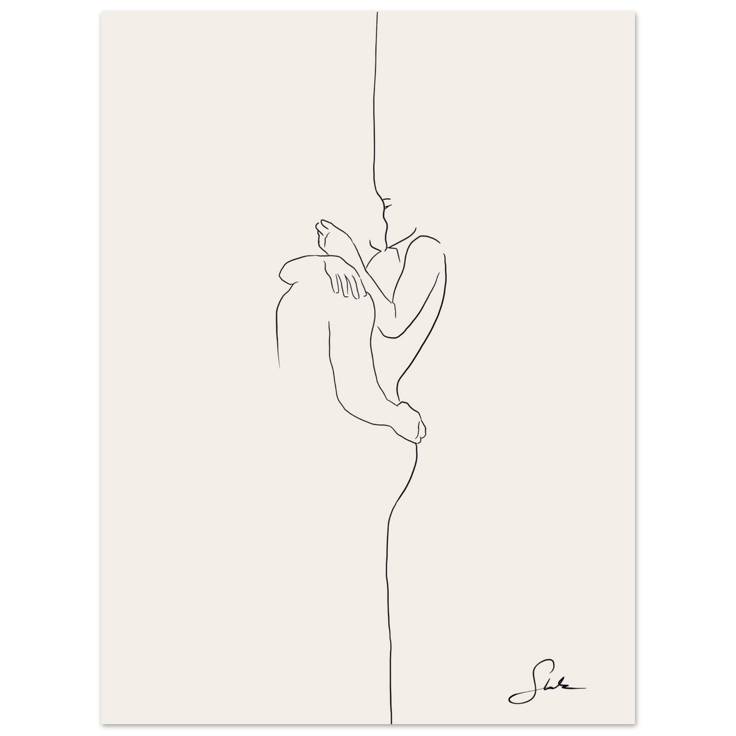 Minimalistisches Paar Poster im Line Art Stil mit Umarmung, schwarzer Linienzeichnung auf beigem Hintergrund, modernes handgemaltes Wandbild.