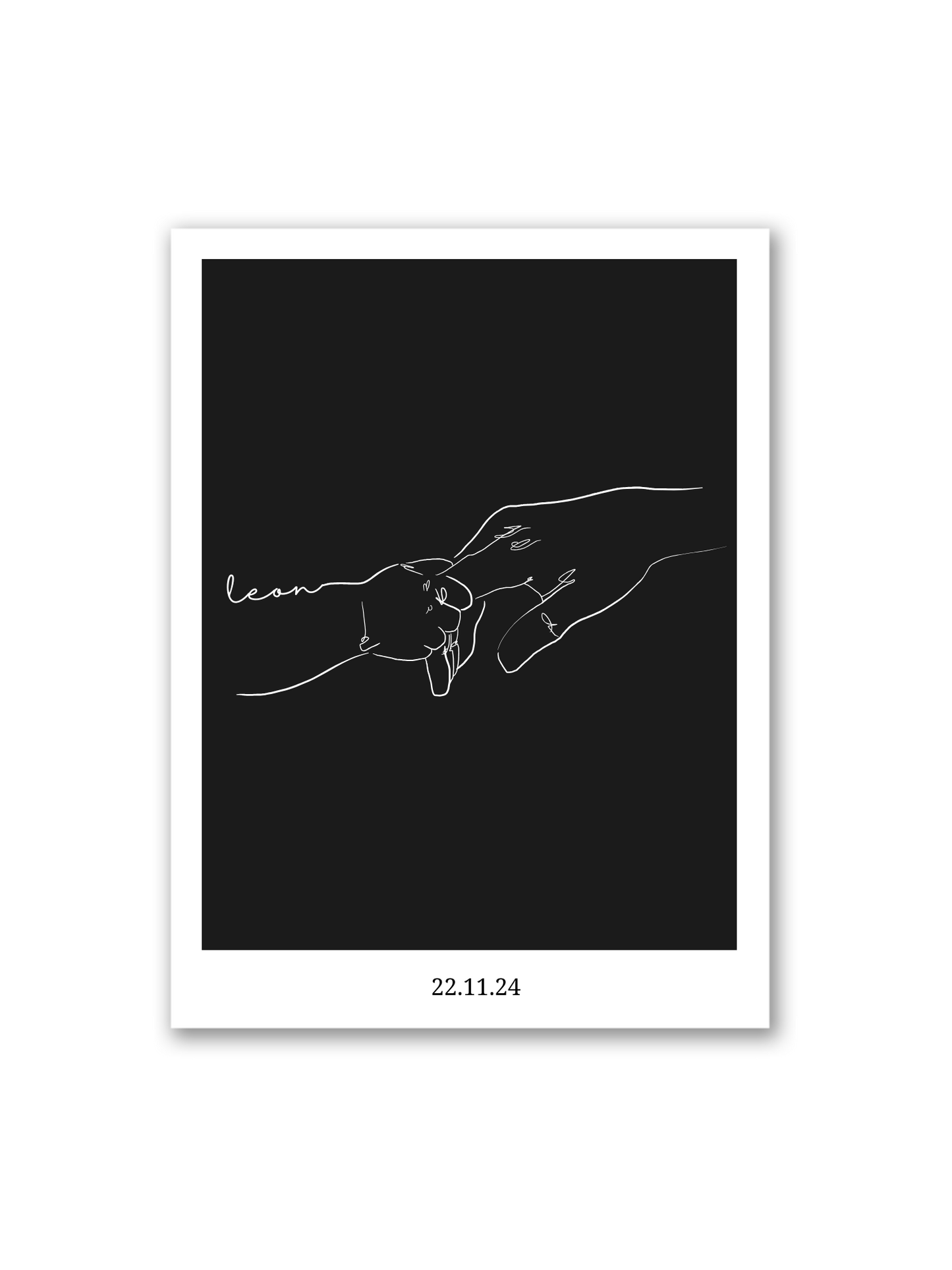 „Bambina“ von Sels Studio – Line Art Poster mit Baby- und Elternhand auf schwarzem Hintergrund, individualisierbar als emotionales Geschenk zur Geburt oder Erinnerung