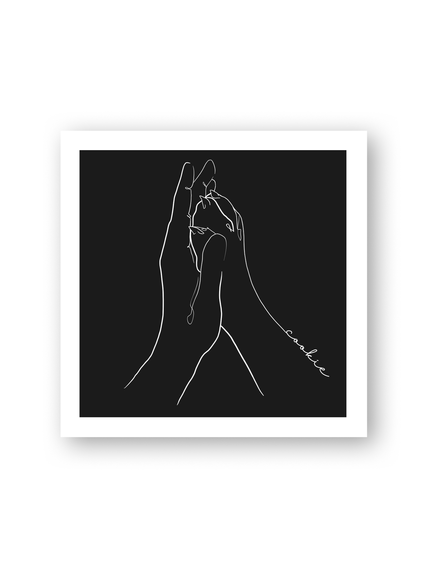 Poster „Patita“ mit Hundepfote und Hand als Line Art auf schwarzem Hintergrund – emotionale Erinnerung an Haustiere von Sels Studio