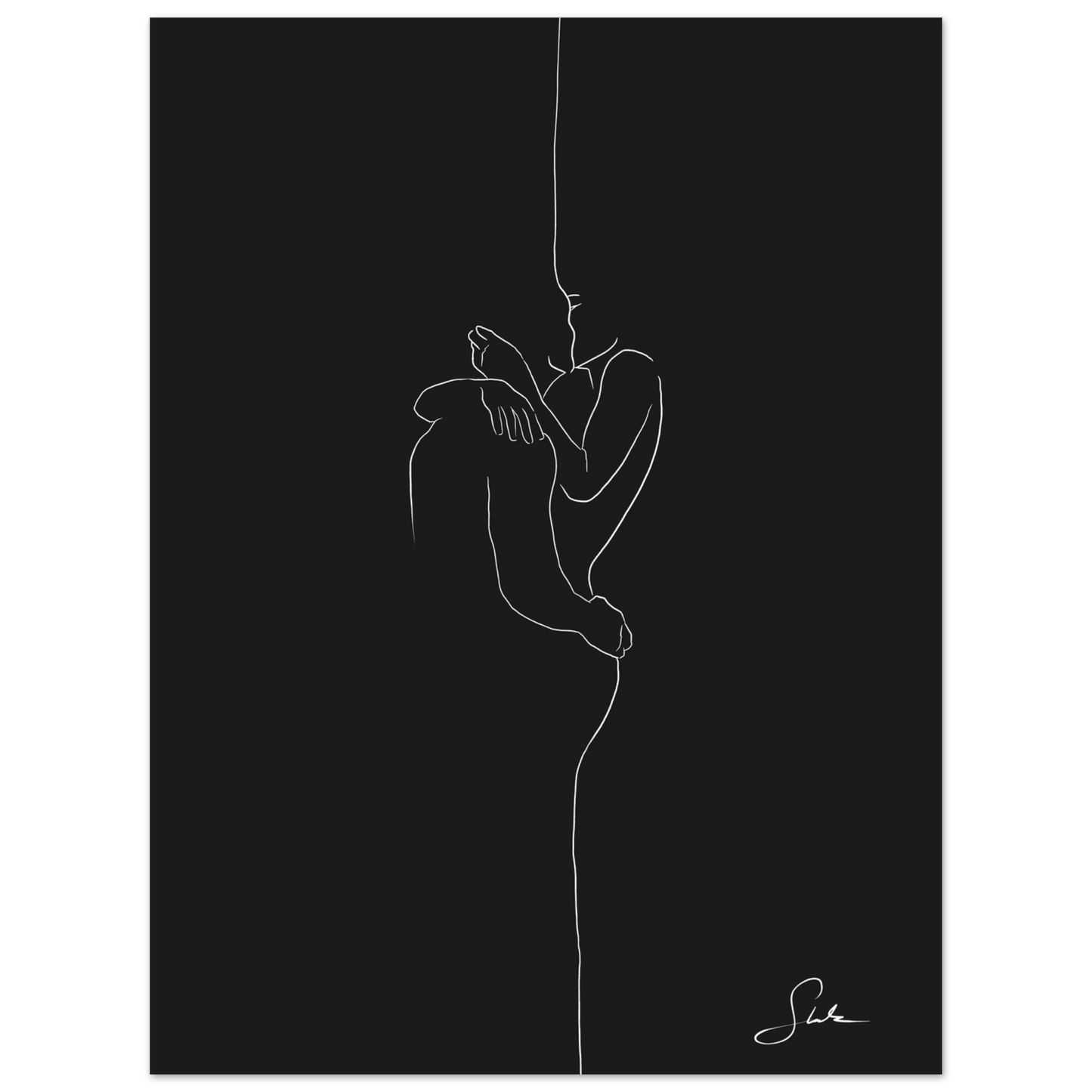 Handgemaltes Paar Line Art Poster mit Umarmung auf schwarzem Hintergrund, weiße Linienzeichnung, unten links signiert von Künstlerin Selin.