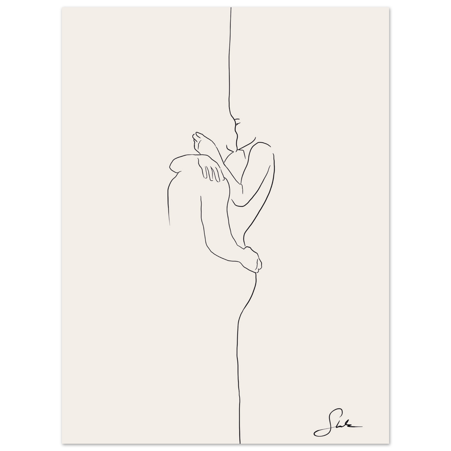 Minimalistisches Paar Poster im Line Art Stil mit Umarmung, schwarzer Linienzeichnung auf beigem Hintergrund, modernes handgemaltes Wandbild.
