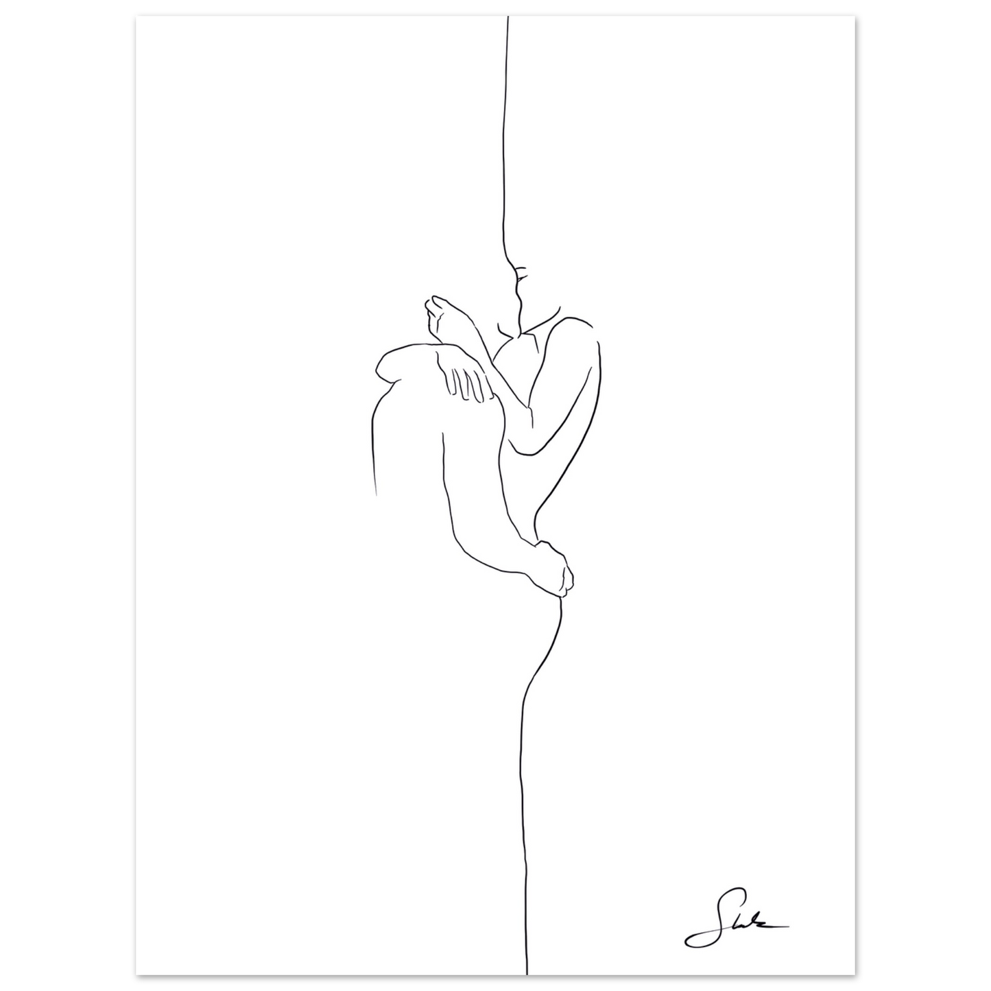 Paar Line Art Poster mit Umarmung auf weißem Hintergrund, schwarze Linienzeichnung, handgemalt von Künstlerin Selin.