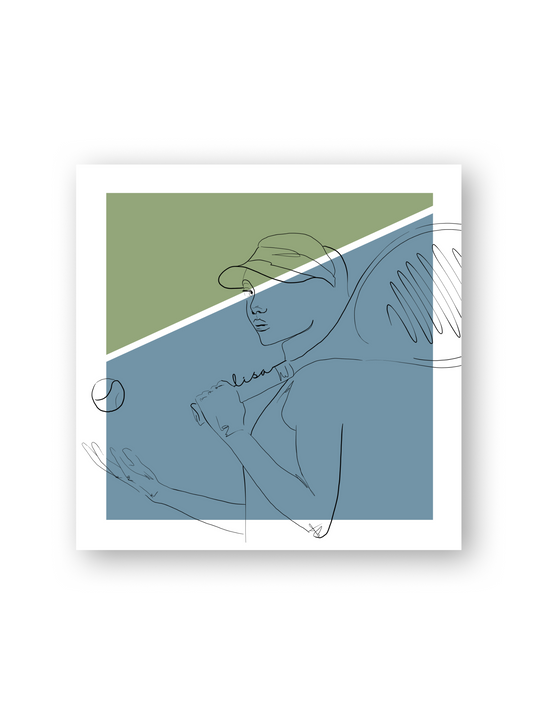 Line-Art-Porträt einer Tennisspielerin mit personalisiertem Namen „Lisa“ auf dem Schlägergriff, stilvoll umgesetzt mit geometrischem Hintergrund in Blau und Grün – das Poster „Ace of Grace“ von Sels Studio verbindet Sport und Ästhetik.