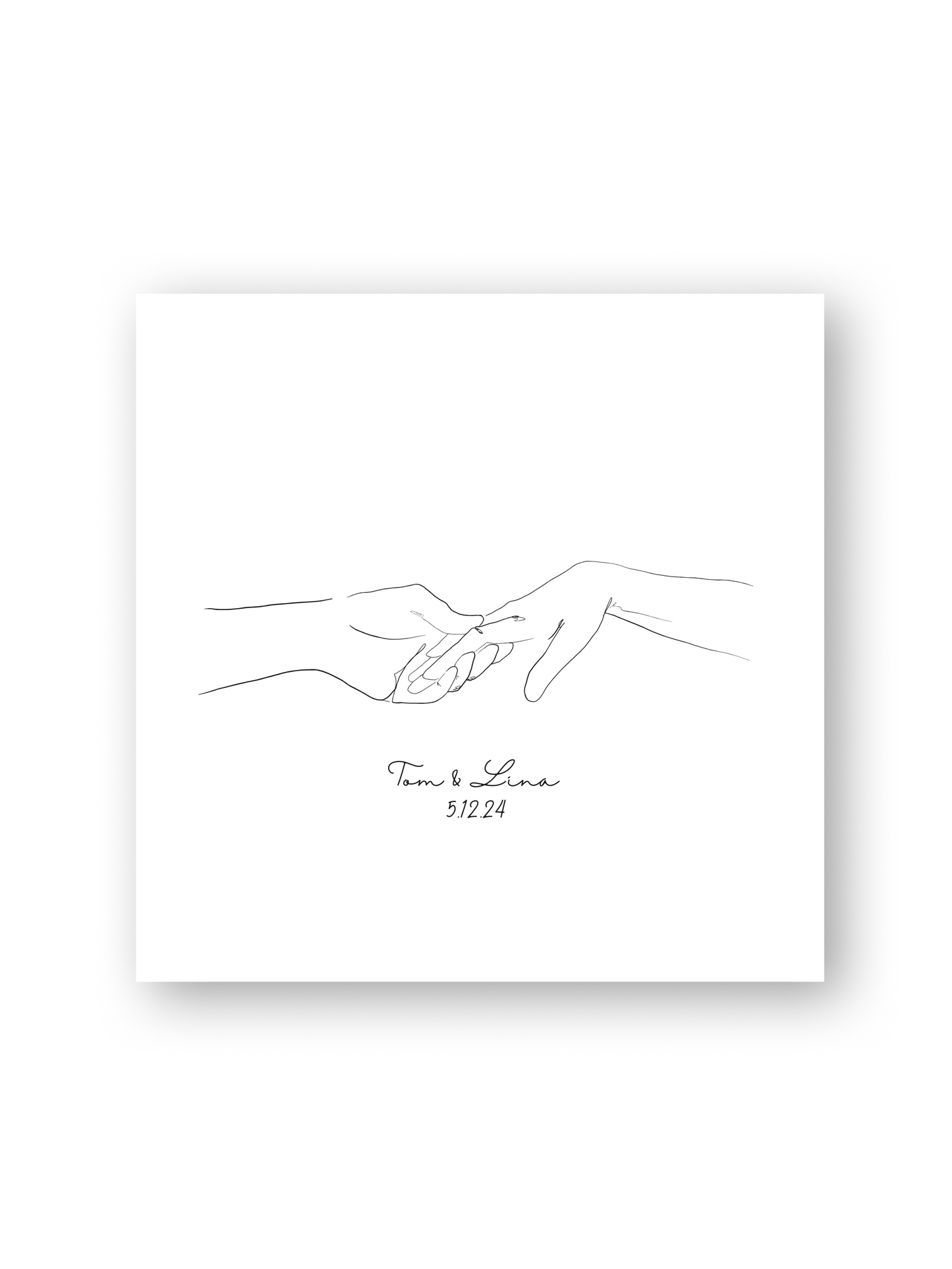 Personalisierte Line Art Illustration „Azizam“ von Sels Studio – zwei sich berührende Hände auf weißem Hintergrund, mit individuellen Namen und Datum als liebevolles Geschenk