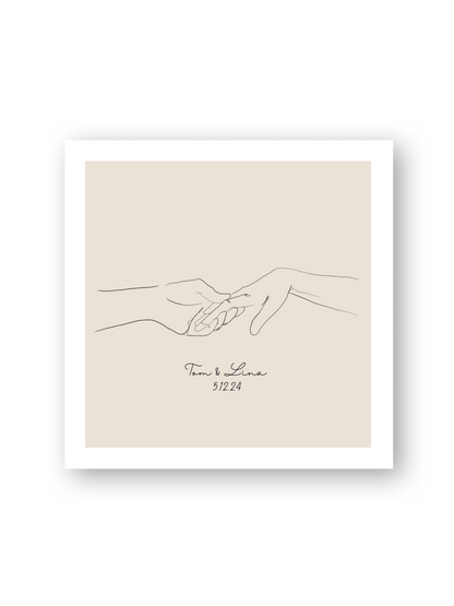 Beiges Line Art Poster „Azizam“ von Sels Studio – filigrane Zeichnung zweier sich sanft berührender Hände, individualisierbar mit Namen und Datum