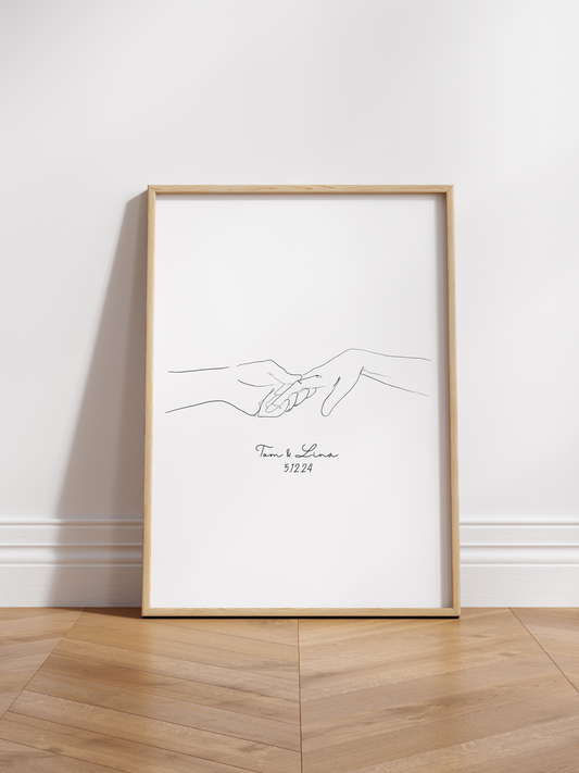 Personalisierbares Line Art Poster „Azizam“ in Weiß – zwei sich berührende Hände mit individuellem Namen und Datum; ein stilvolles und bedeutungsvolles Geschenk zur Hochzeit, zum Jahrestag oder für die Liebe des Lebens.