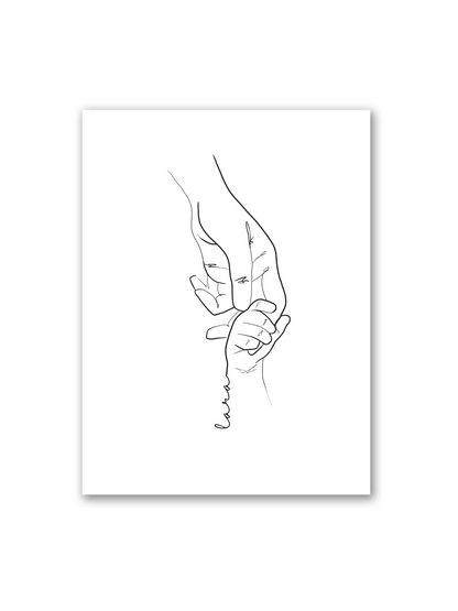 „Bambino“ Line Art Poster – Babyhand mit Elternhand auf weißem Hintergrund, individualisierbar mit Namen, perfektes Erinnerungsstück oder Taufgeschenk