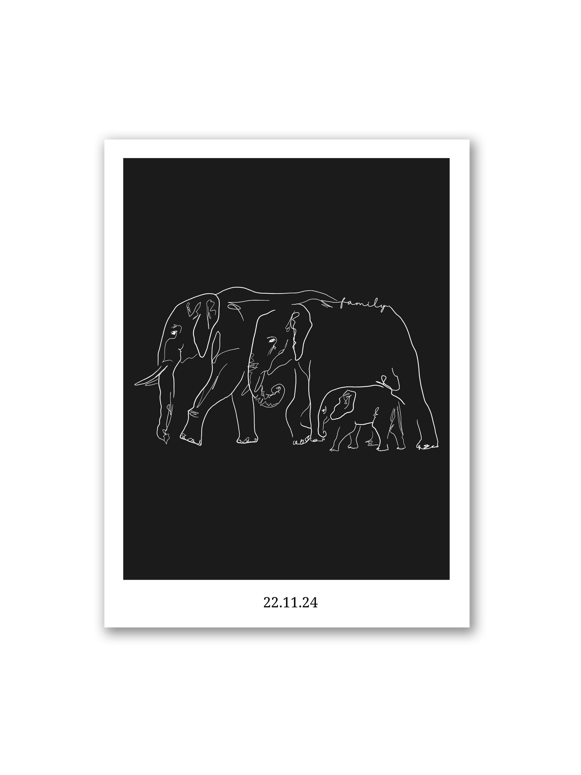 Line Art Kunstwerk „Gentle Giants“ – weiße Elefantenzeichnung auf schwarzem Hintergrund von Sels Studio
