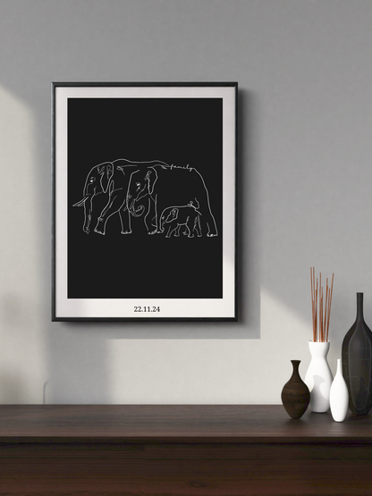 Line Art Poster „Gentle Giants“ von Sels Studio – weiße Elefantenfamilie auf schwarzem Hintergrund als stilvolles Wandbild im modernen Interieur
