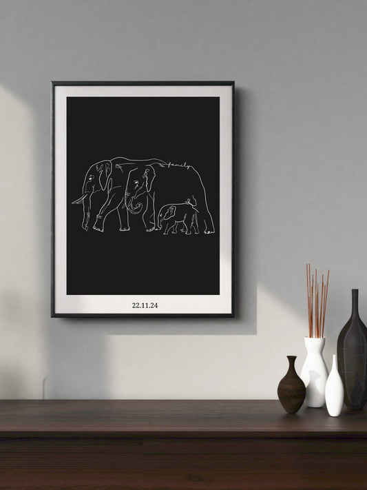 Line Art Poster „Gentle Giants“ von Sels Studio – weiße Elefantenfamilie auf schwarzem Hintergrund als stilvolles Wandbild im modernen Interieur