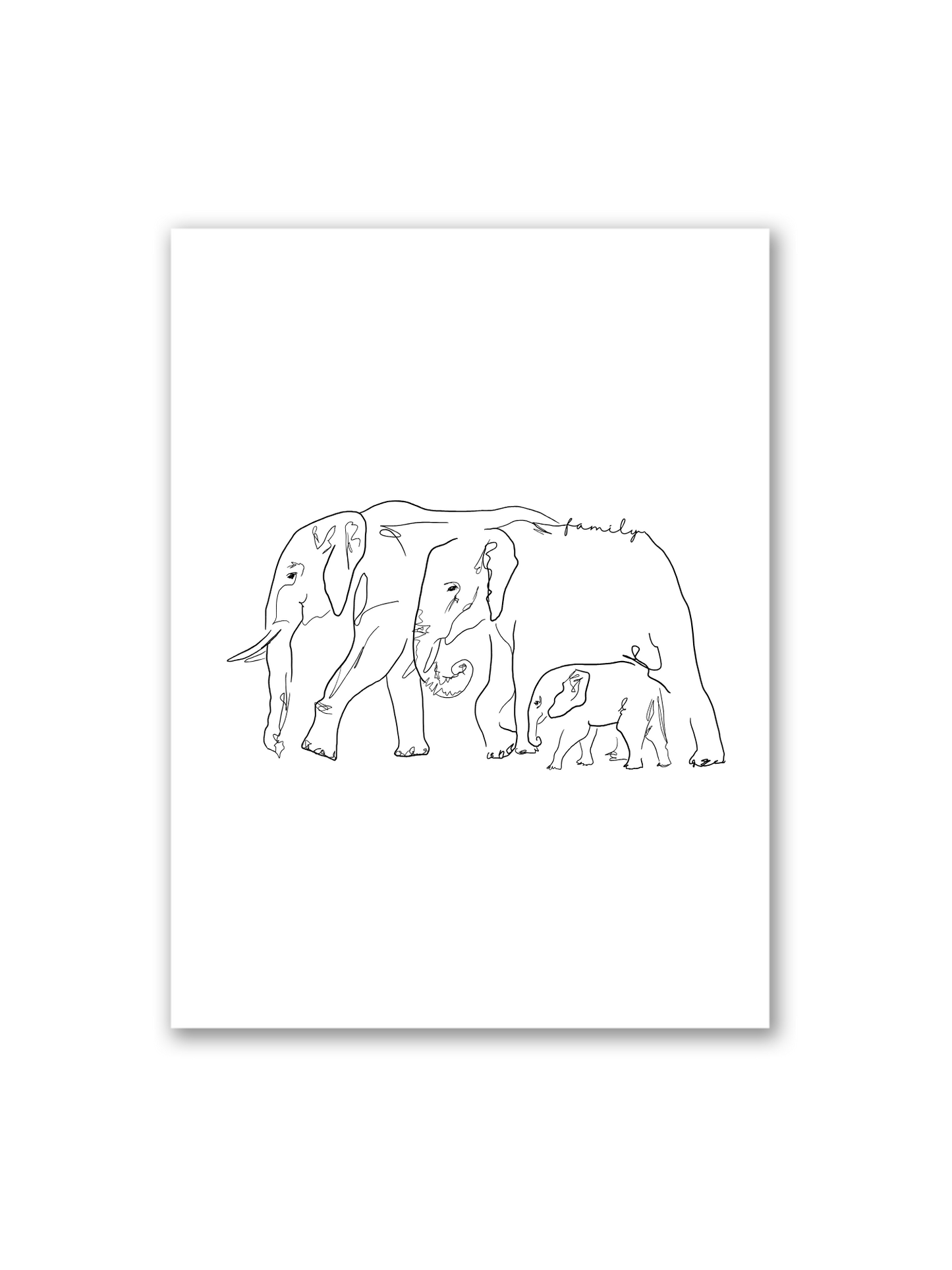 Personalisiertes Line Art Poster „Gentle Giants“ von Sels Studio – handgezeichnete Elefantenfamilie auf weißem Hintergrund, mit individuellem Namen oder Datum als Geschenk für Familien