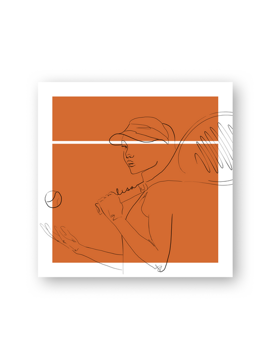 „Matchpoint Moment“ von Sels Studio – personalisierbare Line-Art-Illustration einer Tennisspielerin auf terrakottafarbenem Hintergrund. Das minimalistische Design mit weißer Netzlinie erinnert an den entscheidenden Moment auf dem Sandplatz, der Name „Lisa“ ist dezent auf dem Schläger integriert.