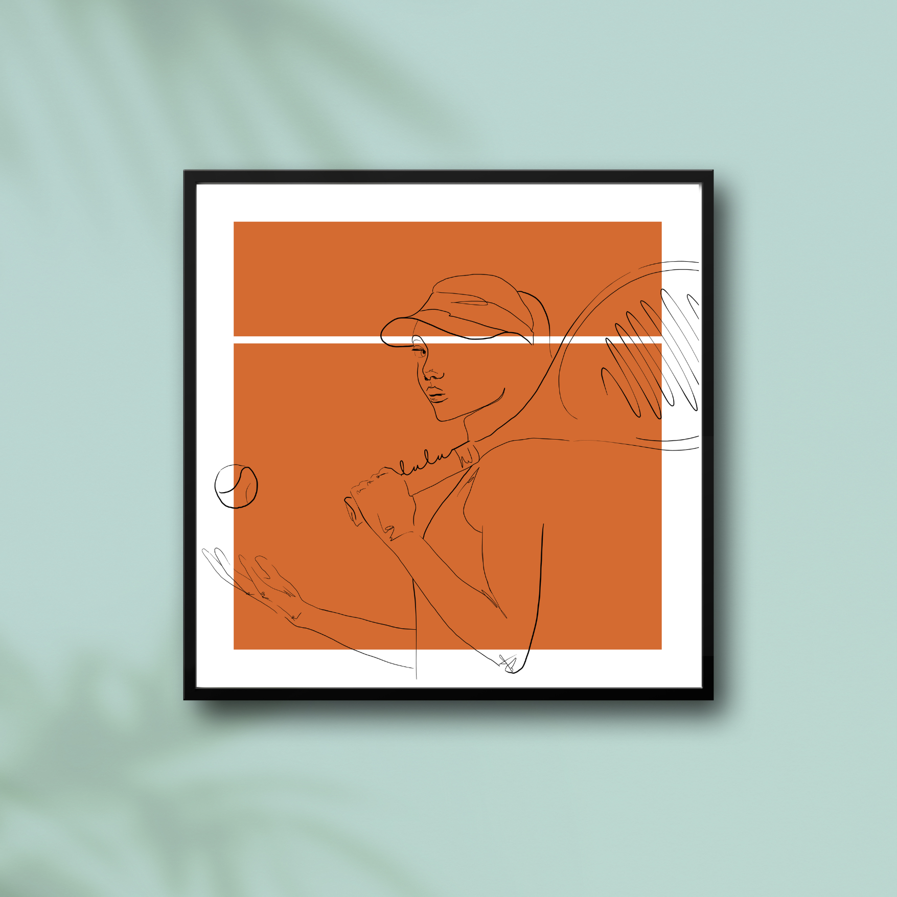 Line-Art-Poster „Matchpoint Moment“ von Sels Studio in schwarzem Rahmen, zeigt eine fokussierte Tennisspielerin in minimalistischen Linien auf einem terrakottafarbenen Hintergrund mit weißer Netzlinie. Die Komposition erinnert an den entscheidenden Moment auf dem Tennisplatz und verleiht Sportästhetik einen künstlerischen Ausdruck.