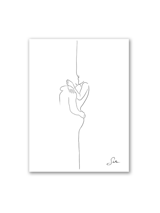 Paar Line Art Poster mit Umarmung auf weißem Hintergrund, schwarze Linienzeichnung, handgemalt von Künstlerin Selin.