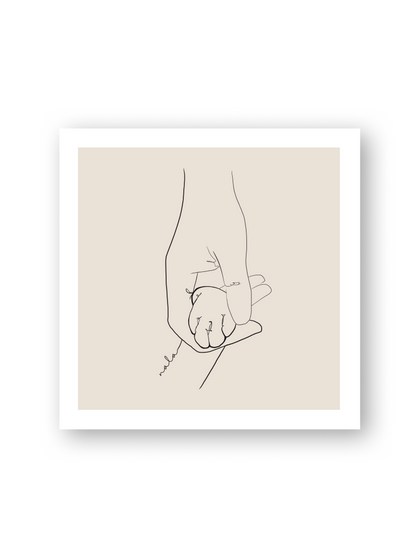 Line Art Poster „Pati“ von Sels Studio – Katzenpfote in menschlicher Hand als Symbol für Tierliebe auf beigem Hintergrund 