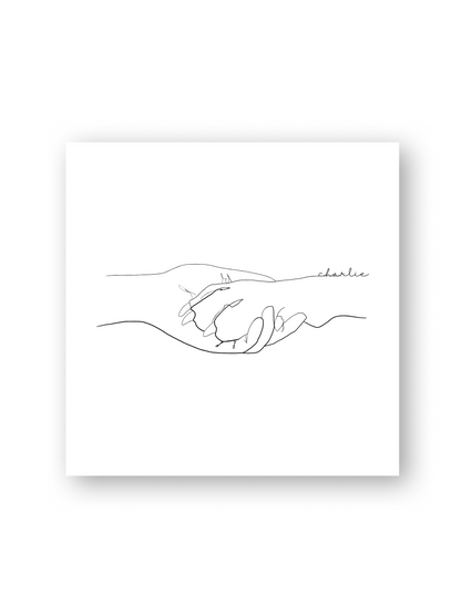 „Pfötchen“ Poster von Sels Studio – Hundepfote in menschlicher Hand als personalisierbare Line Art auf weißem Hintergrund, ideal für Hundeliebhaber:innen