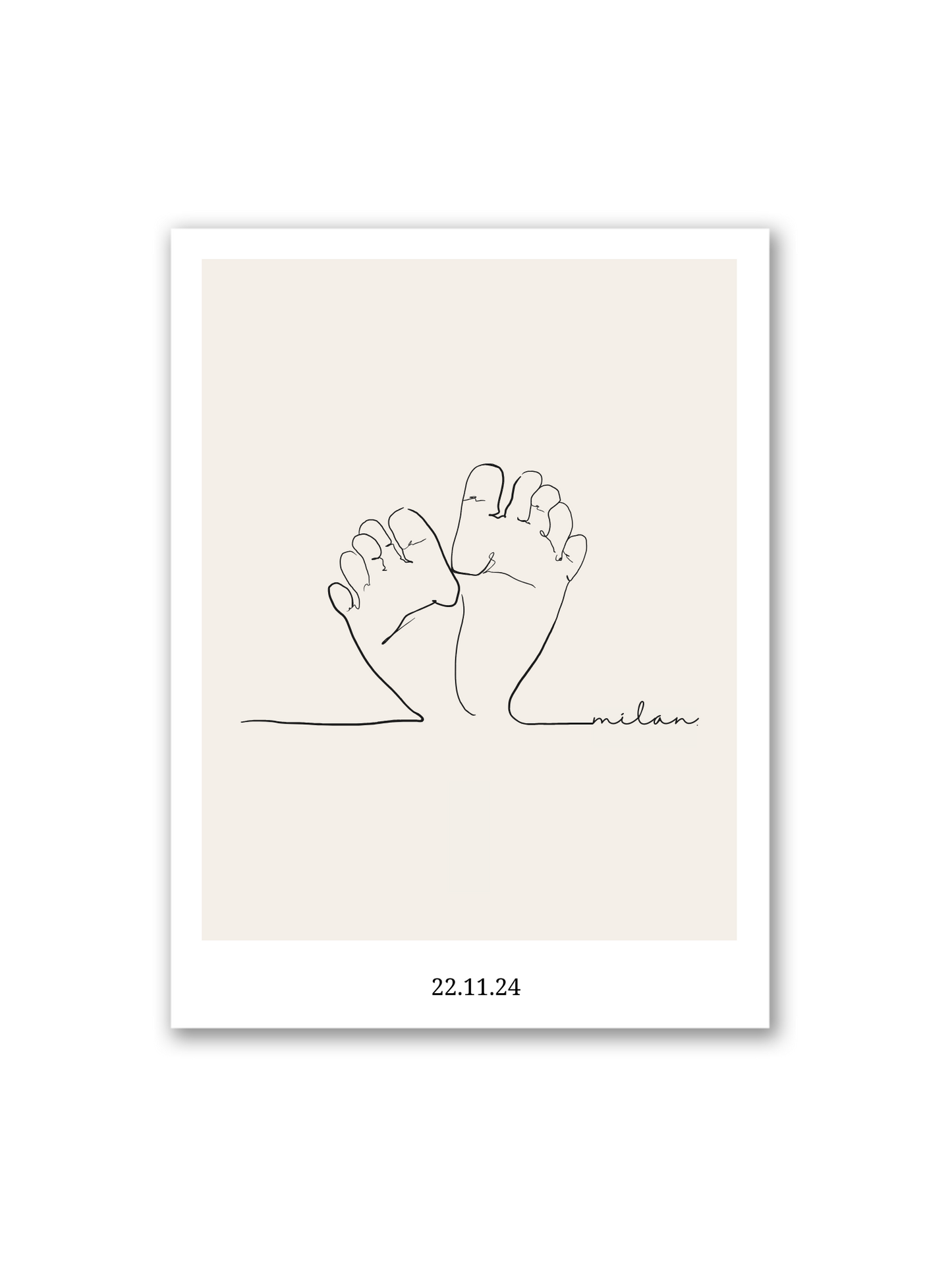 Handgezeichnetes Poster „Piedini di Bambino“ – Line Art mit zwei Babyfüßen in Herzform auf hellbeigem Hintergrund, liebevolles Erinnerungsstück für Eltern