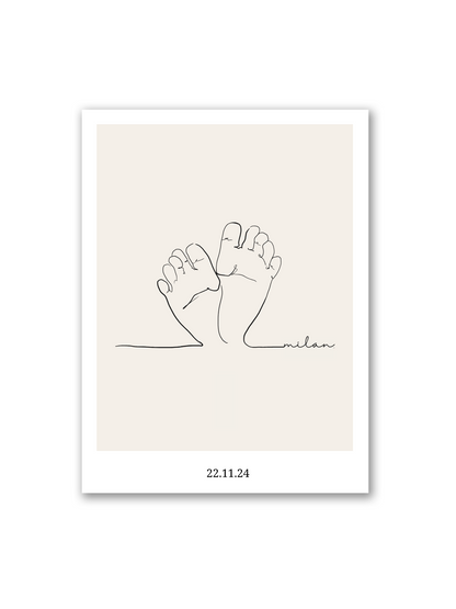 Handgezeichnetes Poster „Piedini di Bambino“ – Line Art mit zwei Babyfüßen in Herzform auf hellbeigem Hintergrund, liebevolles Erinnerungsstück für Eltern