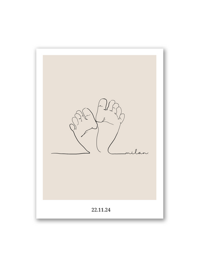 Line Art Poster „Piedini di Bambino“ von Sels Studio – Babyfüße in Herzform auf beigem Hintergrund, emotionales Geschenk zur Geburt oder als Andenken