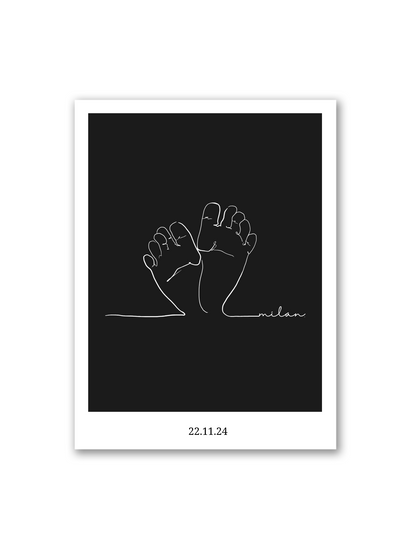 Poster „Piedini di Bambino“ mit zarten Babyfüßen in Herzform als Line Art auf schwarzem Hintergrund – Symbolbild für Geburt, Erinnerung oder Sternenkind