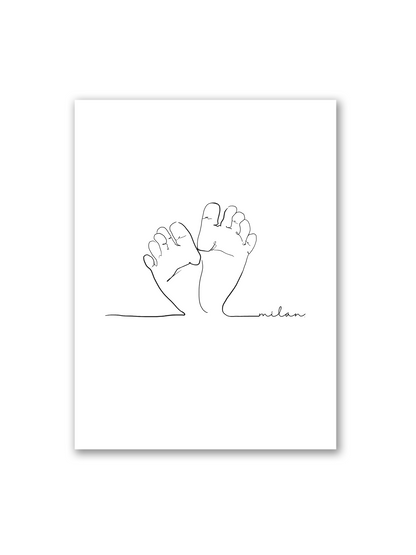 Illustration „Piedini di Bambino“ – minimalistisches Line Art Poster mit Babyfüßen in Herzform auf weißem Hintergrund von Sels Studio