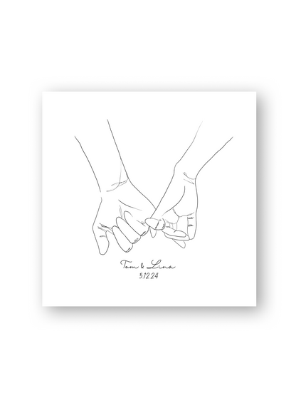 Line Art Poster „Pinky Promise“ von Sels Studio – zwei ineinander verschlungene kleine Finger als Symbol für Liebe und Treue, personalisiert mit Namen und Datum auf weißem Hintergrund