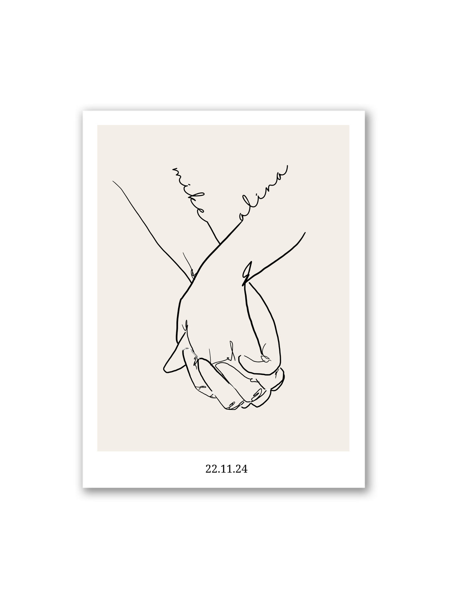 „Cheri me Cheri“ auf hellbeigem Hintergrund – zwei Menschen Hand in Hand, individuell mit Namen und Datum versehen; ein bedeutungsvolles Geschenk zur Liebe, zum Valentinstag oder Jahrestag.