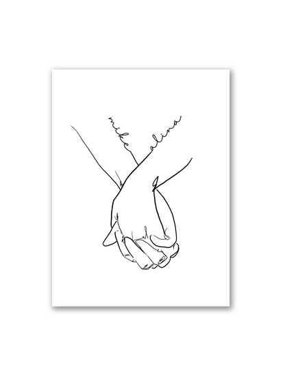 Personalisiertes Line Art Poster „Cheri me Cheri“ in Weiß – zwei sich haltende Hände als Symbol für Liebe & Vertrauen, mit Namen und Datum individualisierbar, perfektes Geschenk für Paare