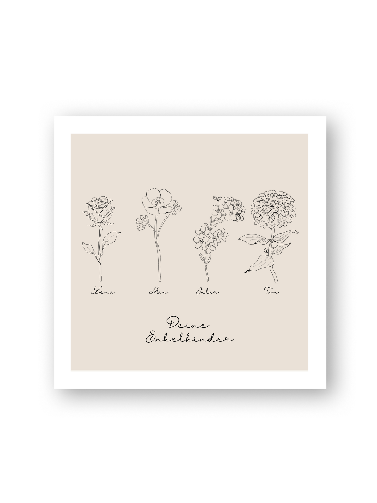 Personalisierbares Line Art Poster „La Familia“ mit Blumen und Vornamen auf beigem Hintergrund – liebevolles Geschenk für Eltern oder Großeltern von Sels Studio