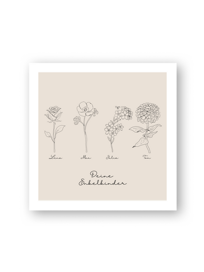 Personalisierbares Line Art Poster „La Familia“ mit Blumen und Vornamen auf beigem Hintergrund – liebevolles Geschenk für Eltern oder Großeltern von Sels Studio