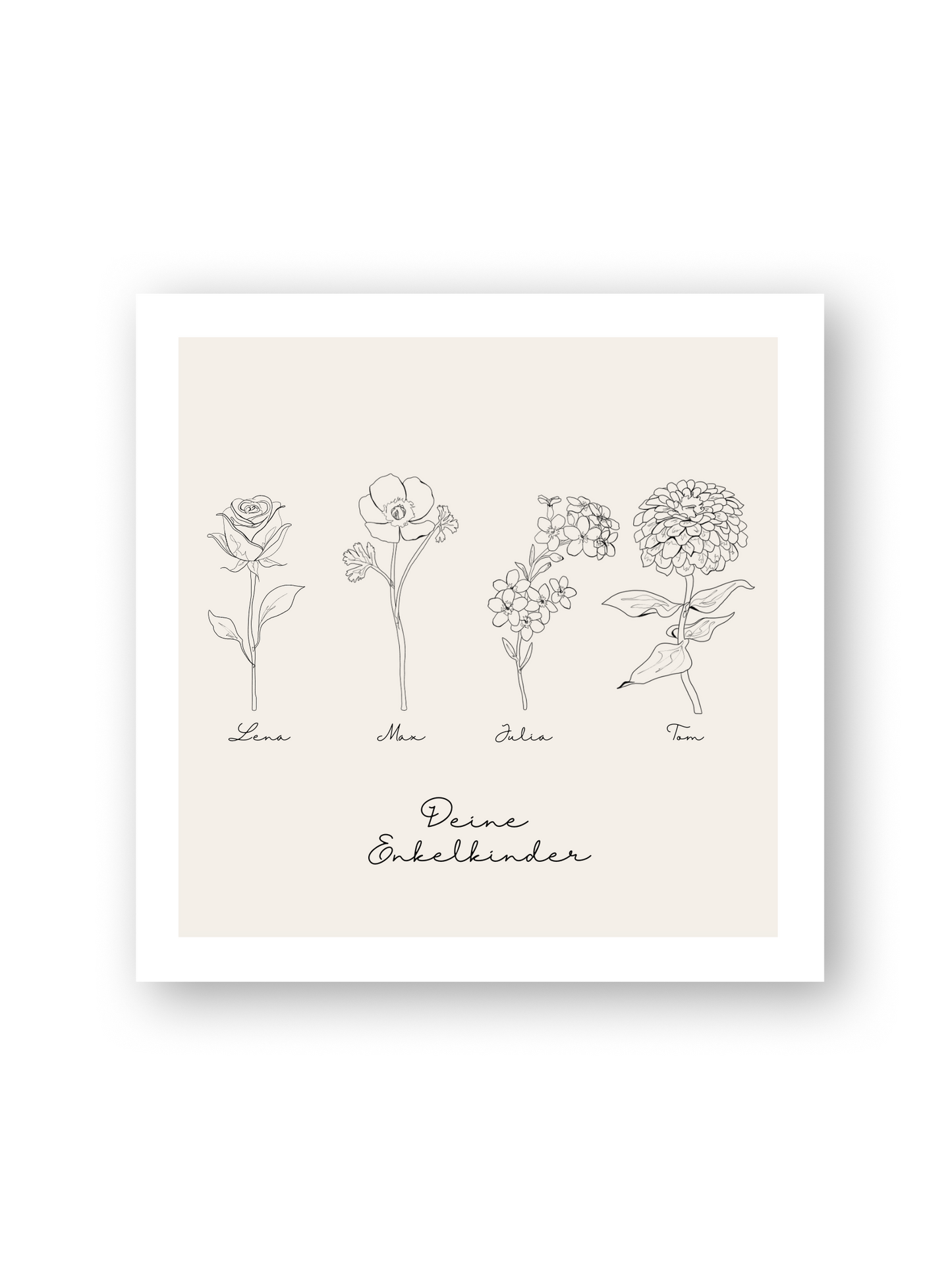 Personalisierbares Blumenbild "La Familia" mit Vornamen der Enkelkinder – Line Art auf hellbeigem Hintergrund von Sels Studio