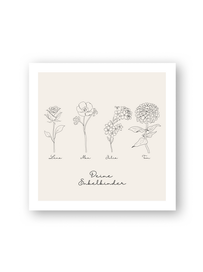 Personalisierbares Blumenbild "La Familia" mit Vornamen der Enkelkinder – Line Art auf hellbeigem Hintergrund von Sels Studio