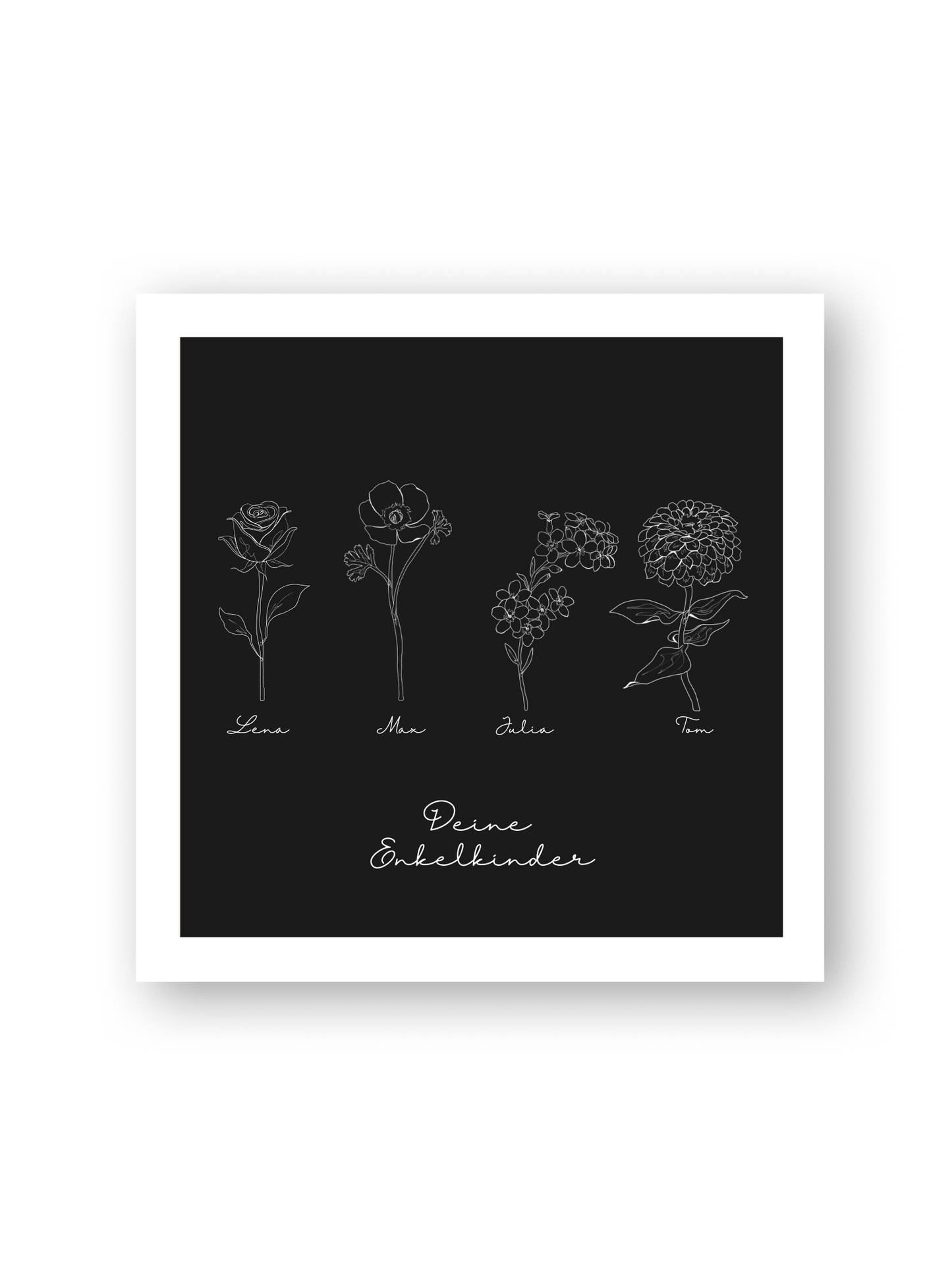 Poster „La Familia“ – florale Line Art mit personalisierbaren Namen auf schwarzem Hintergrund, handgezeichnetes Geschenk für Familienanlässe von Sels Studio