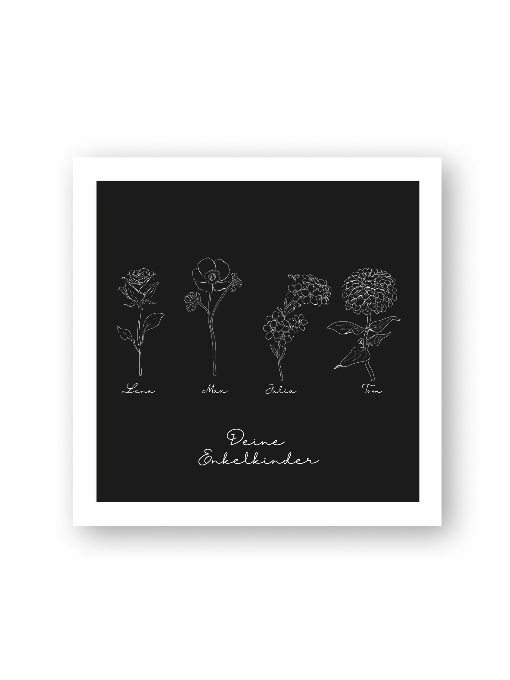 Poster „La Familia“ – florale Line Art mit personalisierbaren Namen auf schwarzem Hintergrund, handgezeichnetes Geschenk für Familienanlässe von Sels Studio